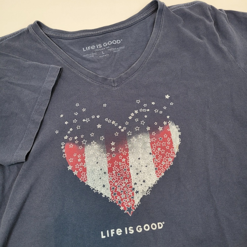 Life is good Shirt Womens‎ L Casual Crusher Heart Patriotic Flag USA Cotton Tee